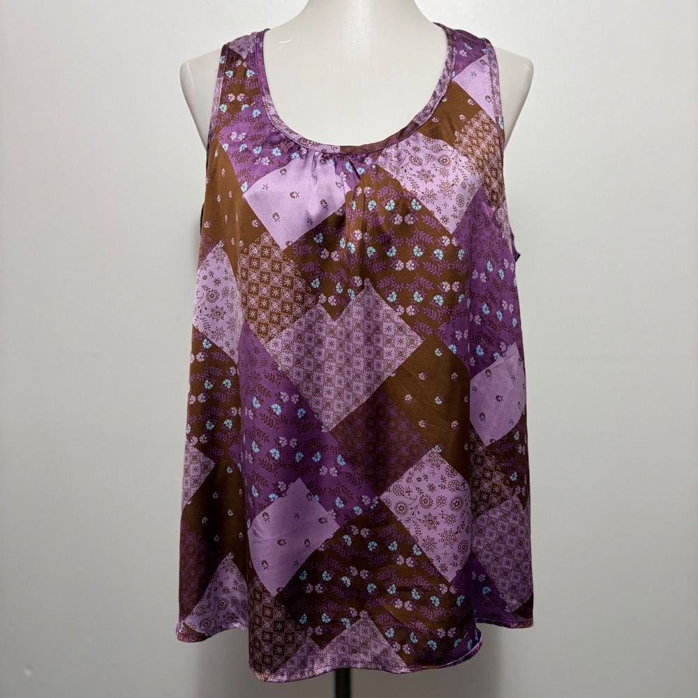 The Pulse Boutique Patchwork Tank Top Large Purple Brown Floral Satin Sleeveless